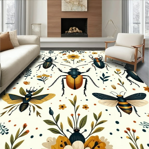 ODIKA 5'x7' Machine Washable Non-Slip Area Rug, Charming Beetle Print with Rustic Floral Accents High Traffic Rug, Yellow, 280128