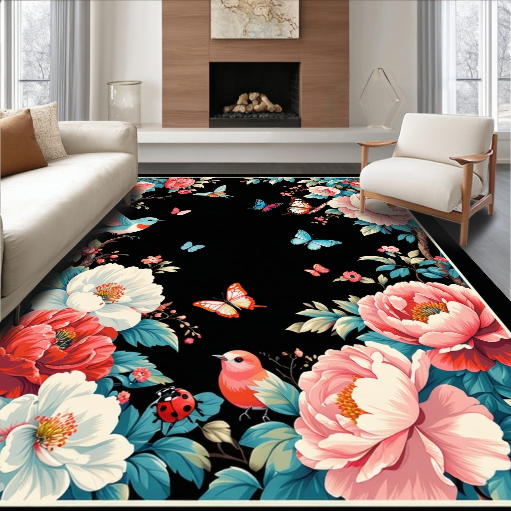 Flatwoven High Traffic Area Rug, Charming Blossom Bird Garden with ...