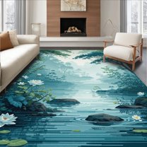 Flatwoven High Traffic Area Rug, Charming Blue and Green Abstract Scene, Non Slip, Stain Resistant, Washable Area Rugs for Living Room, Bedroom(Blue, 4X6)