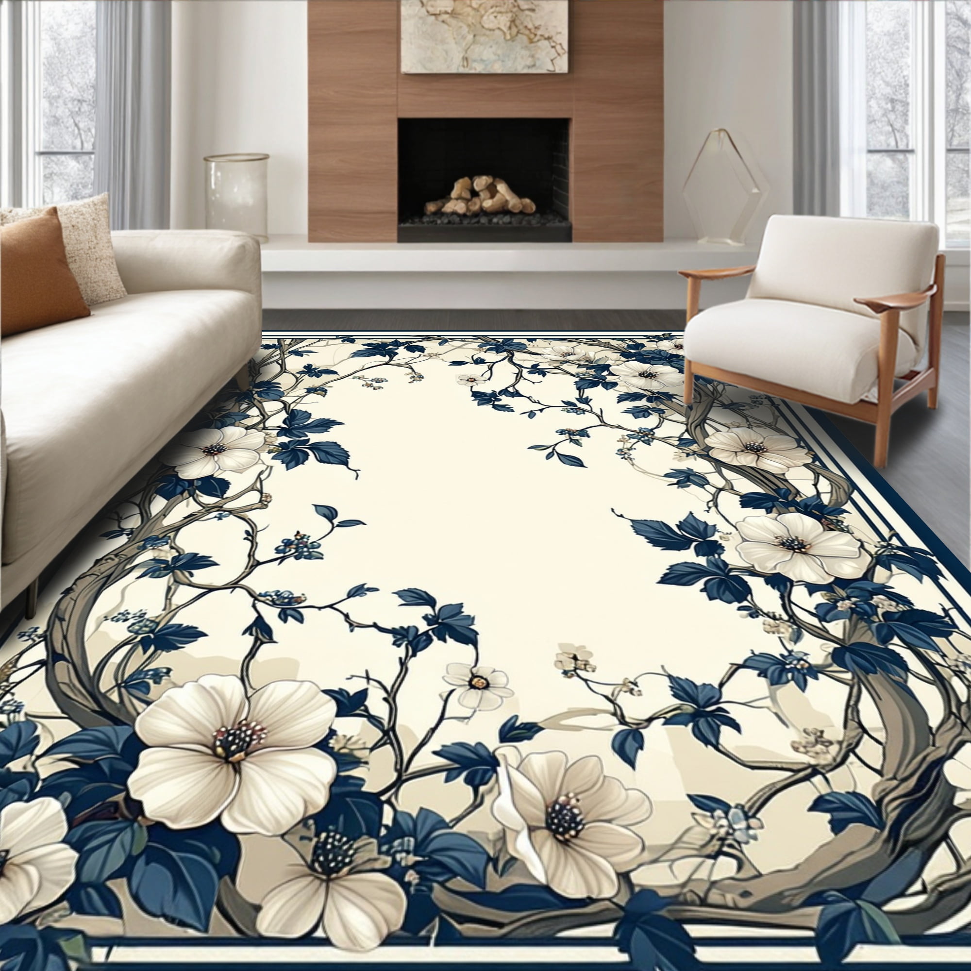 Flatwoven High Traffic Area Rug, Charming Botanical Print with Delicate ...