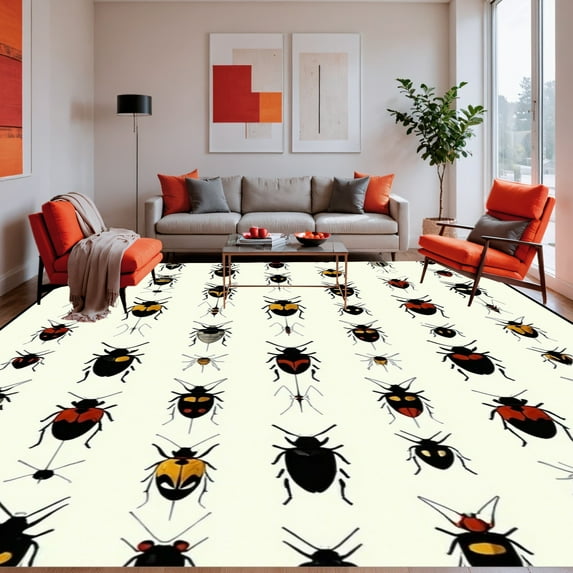 ODIKA 5'x7' Machine Washable Non-Slip Area Rug, Charming Bug Dance Contemporary Insect Motif High Traffic Rug, Black, 279590