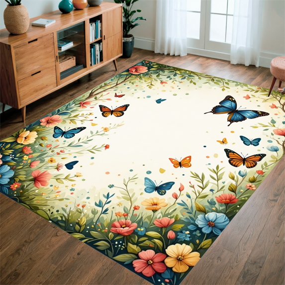 Flatwoven High Traffic Area Rug, Charming Butterfly Floral with Nature Inspired Design, Non Slip, Stain Resistant, Washable Area Rugs for Living Room, Bedroom(Green, 4X6)