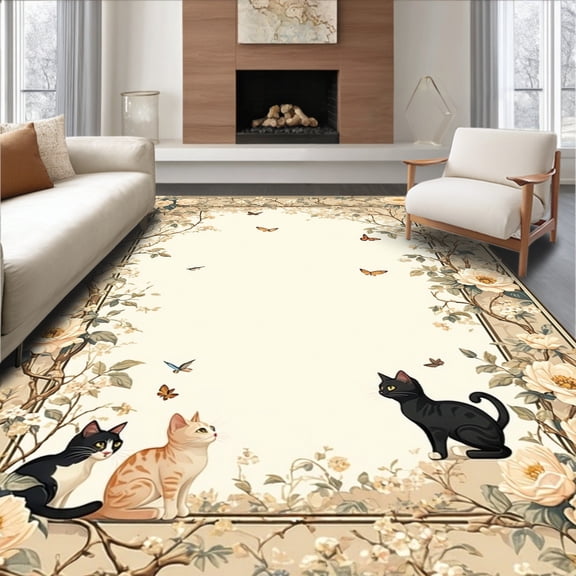 Flatwoven High Traffic Area Rug, Charming Cat Themed Floral Design with Curves and Whimsical Elements, Non Slip, Stain Resistant, Washable Area Rugs for Living Room, Bedroom(Beige, 2X3)