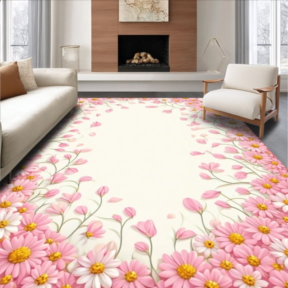 ODIKA 4'x6' Machine Washable Non-Slip Area Rug, Charming Daisy Dance Flowing Petal High Traffic Rug, Pink, 122335