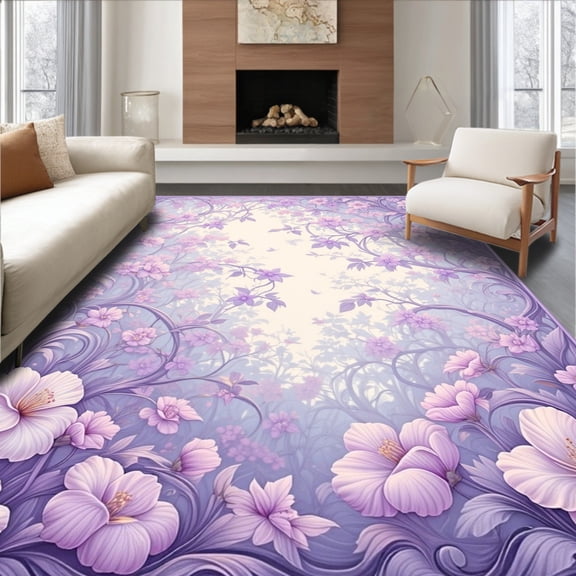 Flatwoven High Traffic Area Rug, Charming Floral Fantasy in Lavender Hues and Delicate Swirls, Non Slip, Stain Resistant, Washable Area Rugs for Living Room, Bedroom(Lavender, 4X6)
