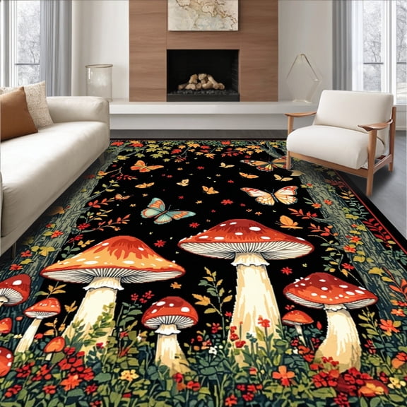 Flatwoven High Traffic Area Rug, Charming Moth Graphic Accents, Non Slip, Stain Resistant, Washable Area Rugs for Living Room, Bedroom(Black, 4X6)