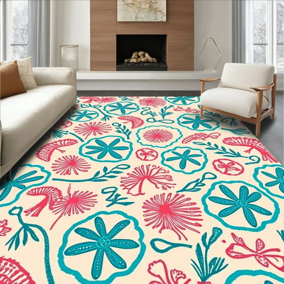 ODIKA 6' Machine Washable Non-Slip Area Rug, Charming Nautical Theme Interlocking Sea Life High Traffic Rug, Pink, 284485