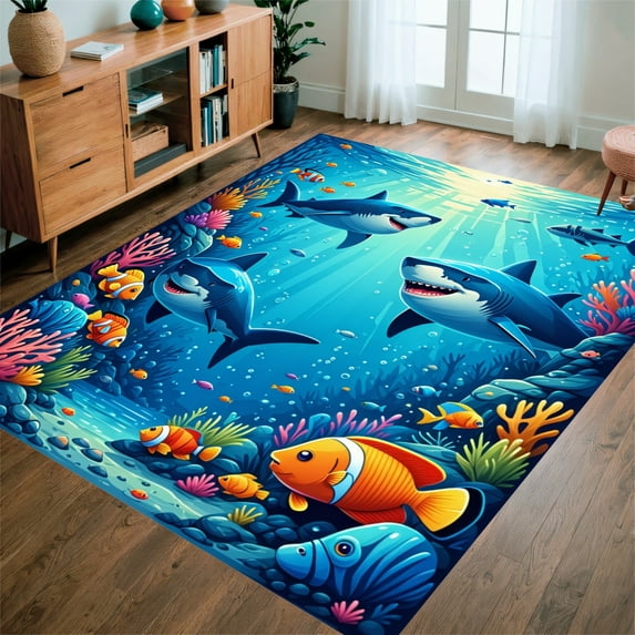 ODIKA 4'x6' Machine Washable Non-Slip Area Rug, Charming Adventure Doormat with Cartoonish Sea Life High Traffic Rug, Blue, 282567