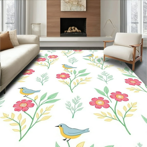 ODIKA 5'x7' Machine Washable Non-Slip Area Rug, Charming Songbird Amid Wildflower Meadow High Traffic Rug, Pink, 294351