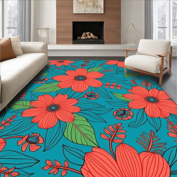 Flatwoven High Traffic Area Rug, Charming Tropical Flora with Peacock Elements in Bright Colors, Non Slip, Stain Resistant, Washable Area Rugs for Living Room, Bedroom(Blue, 2X3)