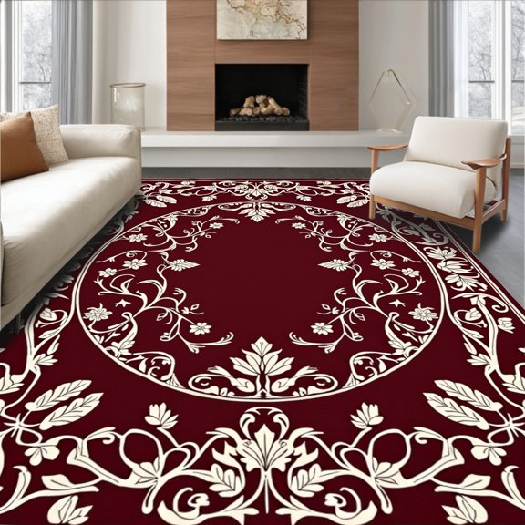 ODIKA 2'x3' Machine Washable Non-Slip Area Rug, Chateau Garden Circular Hand Detailed Artisanal Creation High Traffic Rug, Red, 236893