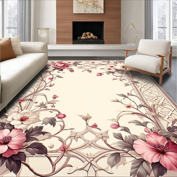 ODIKA 2'x3' Machine Washable Non-Slip Area Rug, Chateau Trellis Mosaic With Baroque Blossom And Latticework Flourish High Traffic Rug, Beige, 147223