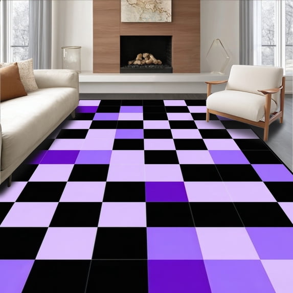 Flatwoven High Traffic Area Rug, Checkerboard Mosaic Runner Featuring Irregular Purple and Black Tiles, Non Slip, Stain Resistant, Washable Area Rugs for Living Room, Bedroom(Purple, 4X6)