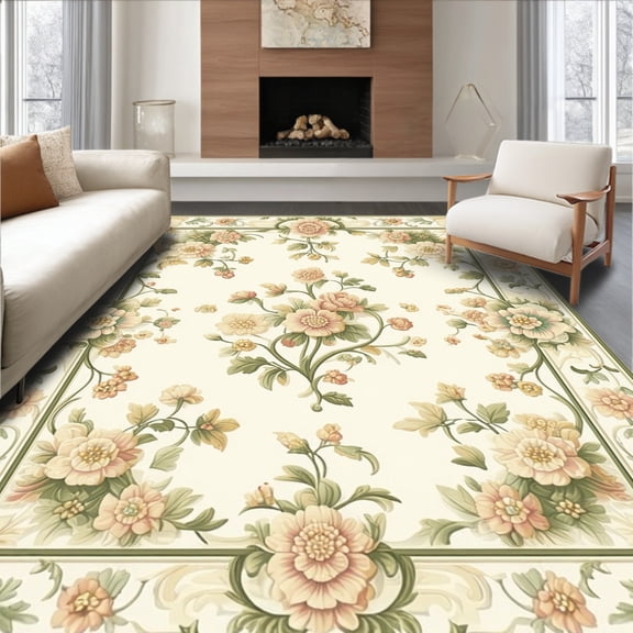 ODIKA 4'x6' Machine Washable Non-Slip Area Rug, Chelsea Heritage Floral Medallion Hand Hooked High Traffic Rug, Beige, 268879