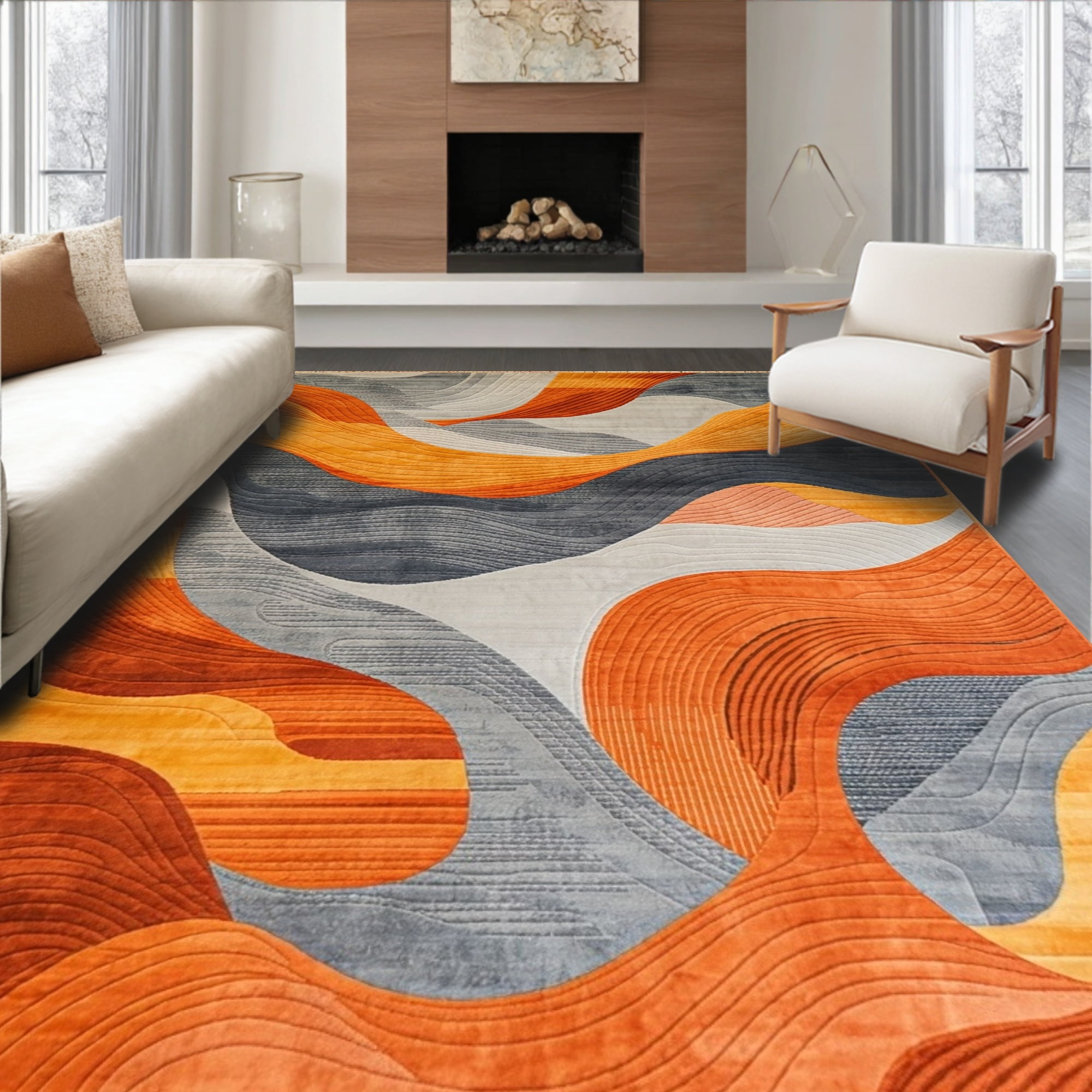 ODIKA 8'x10' Machine Washable Non-Slip Area Rug, Chic Abstract in Burnt Orange and Slate Grey Design High Traffic Rug, Orange, 104662