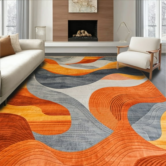 Flatwoven High Traffic Area Rug, Chic Abstract Area Rug in Burnt Orange and Slate Grey Design, Non Slip, Stain Resistant, Washable Area Rugs for Living Room, Bedroom(Orange, 4X6)