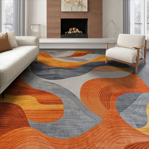 ODIKA 6'x9' Chic Abstract in Burnt Orange and Slate Grey Design Washable Area Rug for Dining Room, Under Table, Office Décor, Non-Slip Chair-Friendly