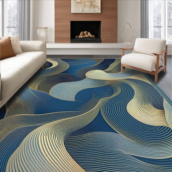 ODIKA 5'x7' Machine Washable Non-Slip Area Rug, Chic Abstract Art Inspired with Elegant Gold Design High Traffic Rug, Blue, 127421