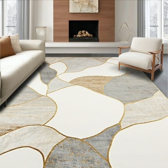ODIKA 3'x5' Machine Washable Non-Slip Area Rug, Chic Abstract Stone Inlay with Interwoven Fluid Lines and Metallic Detailing High Traffic Rug, Gray, 135640