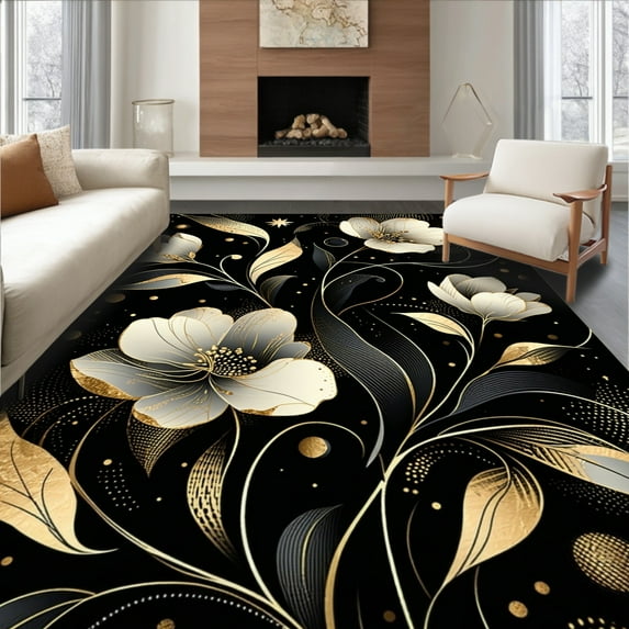ODIKA 4'x6' Machine Washable Non-Slip Area Rug, Chic Black & Gold Abstract Floral Contemporary Style High Traffic Rug, Black, 83463