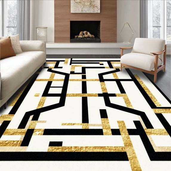 ODIKA 4'x6' Machine Washable Non-Slip Area Rug, Chic Black and Gold Geometric with Elegant Line Design High Traffic Rug, Beige, 87346