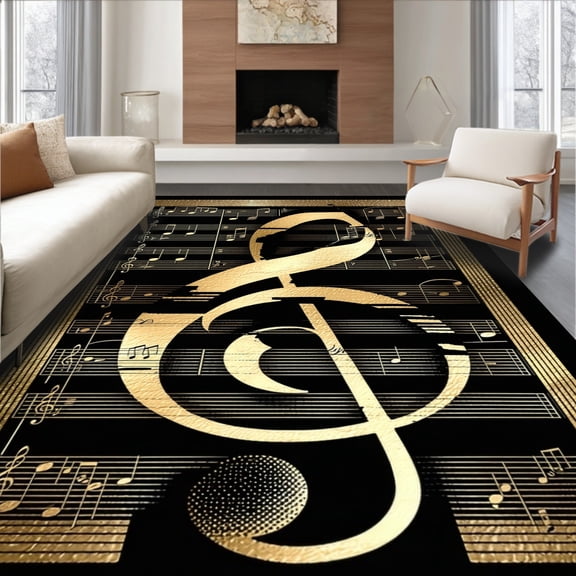 Flatwoven High Traffic Area Rug, Chic Black Gold Treble Clef Stylish Music Themed Design, Non Slip, Stain Resistant, Washable Area Rugs for Living Room, Bedroom(Gold, 5X7)