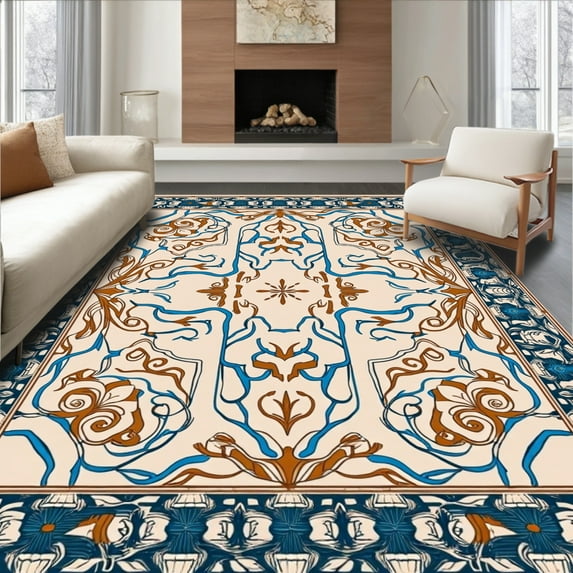 ODIKA 4'x6' Machine Washable Non-Slip Area Rug, Chic Contemporary Motif with Fluid Design High Traffic Rug, Beige, 292917