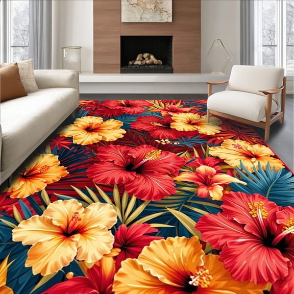 Flatwoven High Traffic Area Rug, Chic Exotic Blooming Design, Non Slip, Stain Resistant, Washable Area Rugs for Living Room, Bedroom(Red, 2X3)