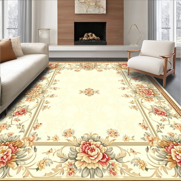 Flatwoven High Traffic Area Rug, Chic Floral Elegance, Non Slip, Stain Resistant, Washable Area Rugs for Living Room, Bedroom(Beige, 4X6)