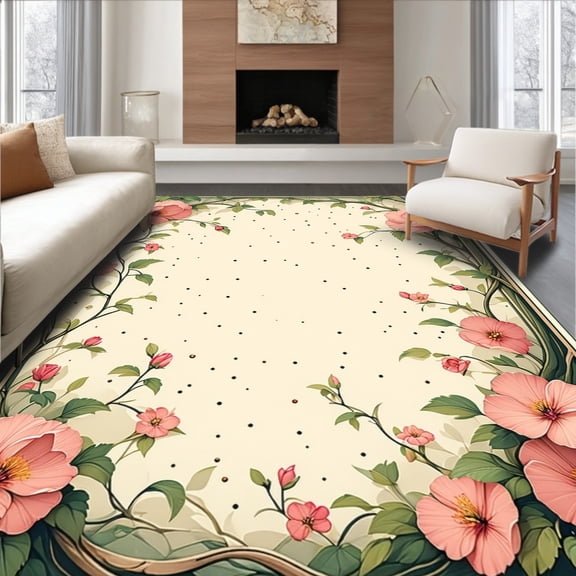 ODIKA 4'x6' Machine Washable Non-Slip Area Rug, Chic Garden Medley With Pink Flower Clusters And Green Vines Print High Traffic Rug, Beige, 69134