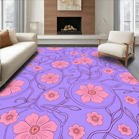 Flatwoven High Traffic Area Rug, Chic Interlocking Wildflower Motif Area Design, Non Slip, Stain Resistant, Washable Area Rugs for Living Room, Bedroom(Purple, 4X6)