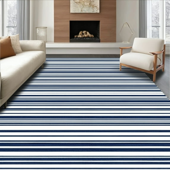 ODIKA 2'x3' Machine Washable Non-Slip Area Rug, Chic Nautical Stripes with Contemporary Flair High Traffic Rug, Navy, 253890