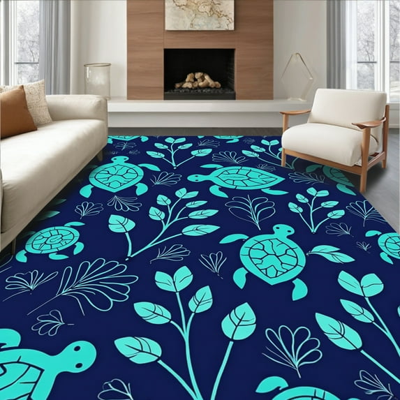 ODIKA 6' Machine Washable Non-Slip Area Rug, Chic Oceanic Motif Decorative High Traffic Rug, Navy, 327568