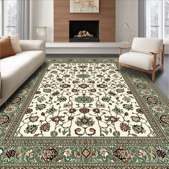 Flatwoven High Traffic Area Rug, Chic Sage Green Textured with Motifs, Non Slip, Stain Resistant, Washable Area Rugs for Living Room, Bedroom(Ivory, 5X7)