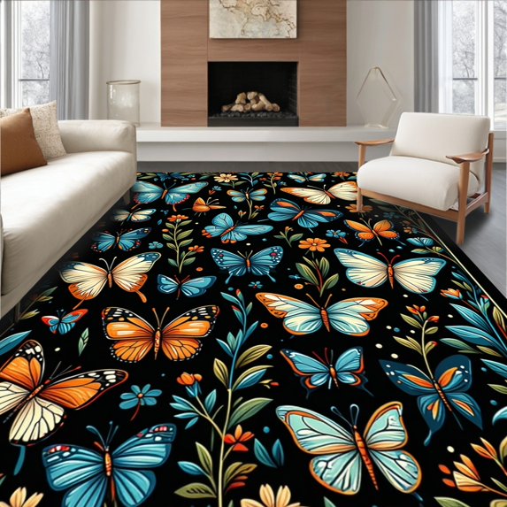 ODIKA 3'x5' Machine Washable Non-Slip Area Rug, Chic Transitional Floral Arrangement High Traffic Rug, Black, 28758