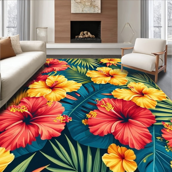 ODIKA 8'x10' Machine Washable Non-Slip Area Rug, Chic Tropical Inspired Color Palette High Traffic Rug, Red, 14520