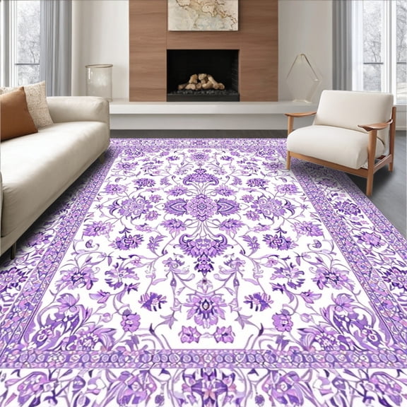 Flatwoven High Traffic Area Rug, Chic Vintage Purple Blossom Design, Non Slip, Stain Resistant, Washable Area Rugs for Living Room, Bedroom(Purple, 4X6)