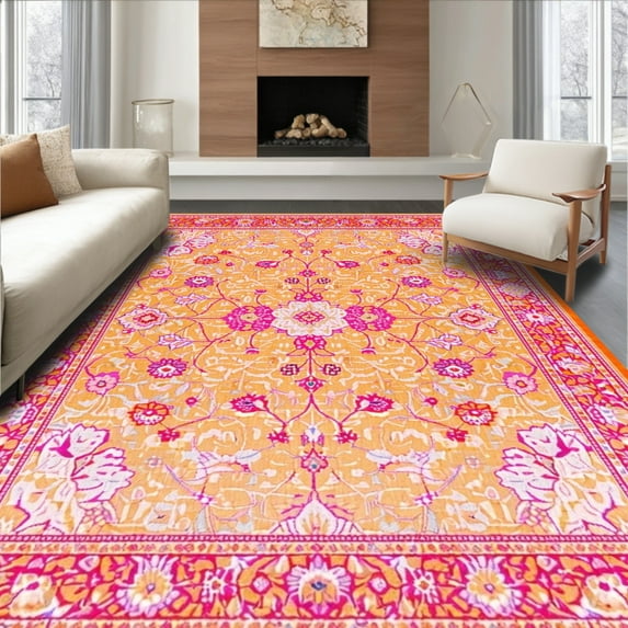 ODIKA 4'x6' Machine Washable Non-Slip Area Rug, Chic Warm Toned Flower High Traffic Rug, Yellow, 20587