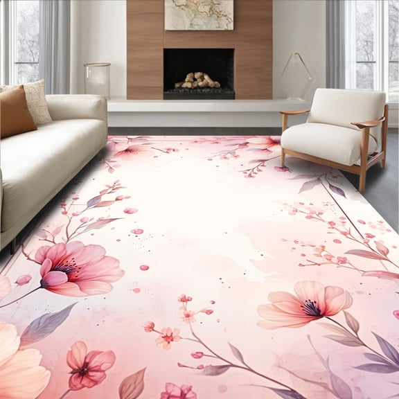 ODIKA 4'x6' Machine Washable Non-Slip Area Rug, Chic Watercolor Bloom Abstract Floral High Traffic Rug, Pink, 80524