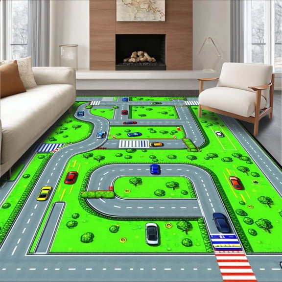 ODIKA 8'x10' Machine Washable Non-Slip Area Rug, Friendly Adventure Pathway Design High Traffic Rug, Green, 35182