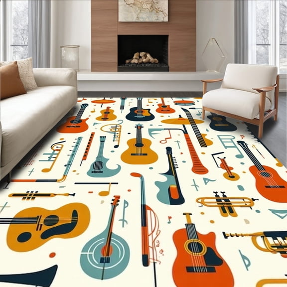 ODIKA 4'x6' Machine Washable Non-Slip Area Rug, Music Musical Instrument Design High Traffic Rug, Orange, 90302