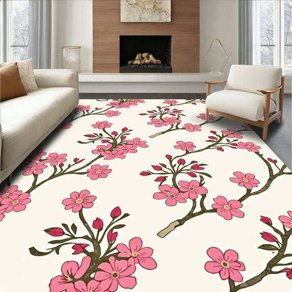 ODIKA 5'x7' Machine Washable Non-Slip Area Rug, Chinoiserie Inspired Blossom with Branch Motifs High Traffic Rug, Pink, 395547