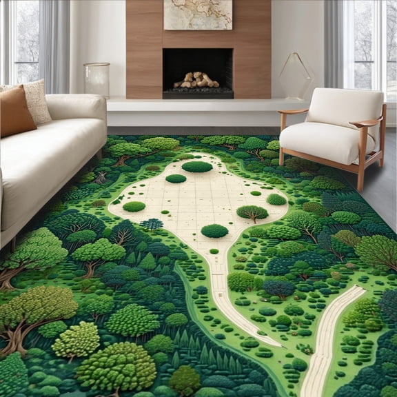 ODIKA 5'x7' Machine Washable Non-Slip Area Rug, Circle for Room Forest Map Design High Traffic Rug, Green, 86816