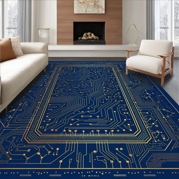 Flatwoven High Traffic Area Rug, Circuit Maze Electronic Game Tech Grid, Non Slip, Stain Resistant, Washable Area Rugs for Living Room, Bedroom(Blue, 2X3)