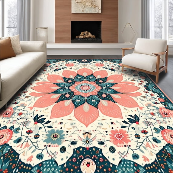 ODIKA 2'x3' Machine Washable Non-Slip Area Rug, Circular Bloom Medallion Concentric Motif Design High Traffic Rug, Ivory, 183387