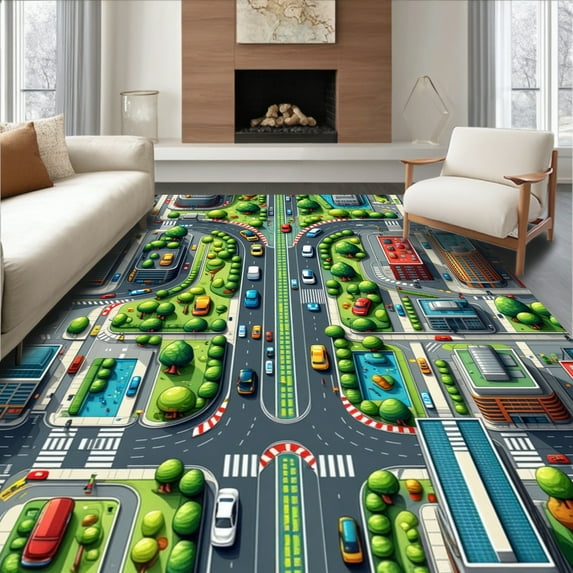 ODIKA 8'x10' Machine Washable Non-Slip Area Rug, City Road Traffic Play High Traffic Rug, Blue, 1148