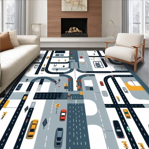 ODIKA 8'x10' Machine Washable Non-Slip Area Rug, Cityscape Inspired Play with Road Traffic and Vehicle Pathways High Traffic Rug, Gray, 106260