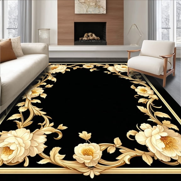 ODIKA 4'x6' Machine Washable Non-Slip Area Rug, Classic Baroque Scrollwork Featuring Luxurious Floral Accents High Traffic Rug, Gold, 217129