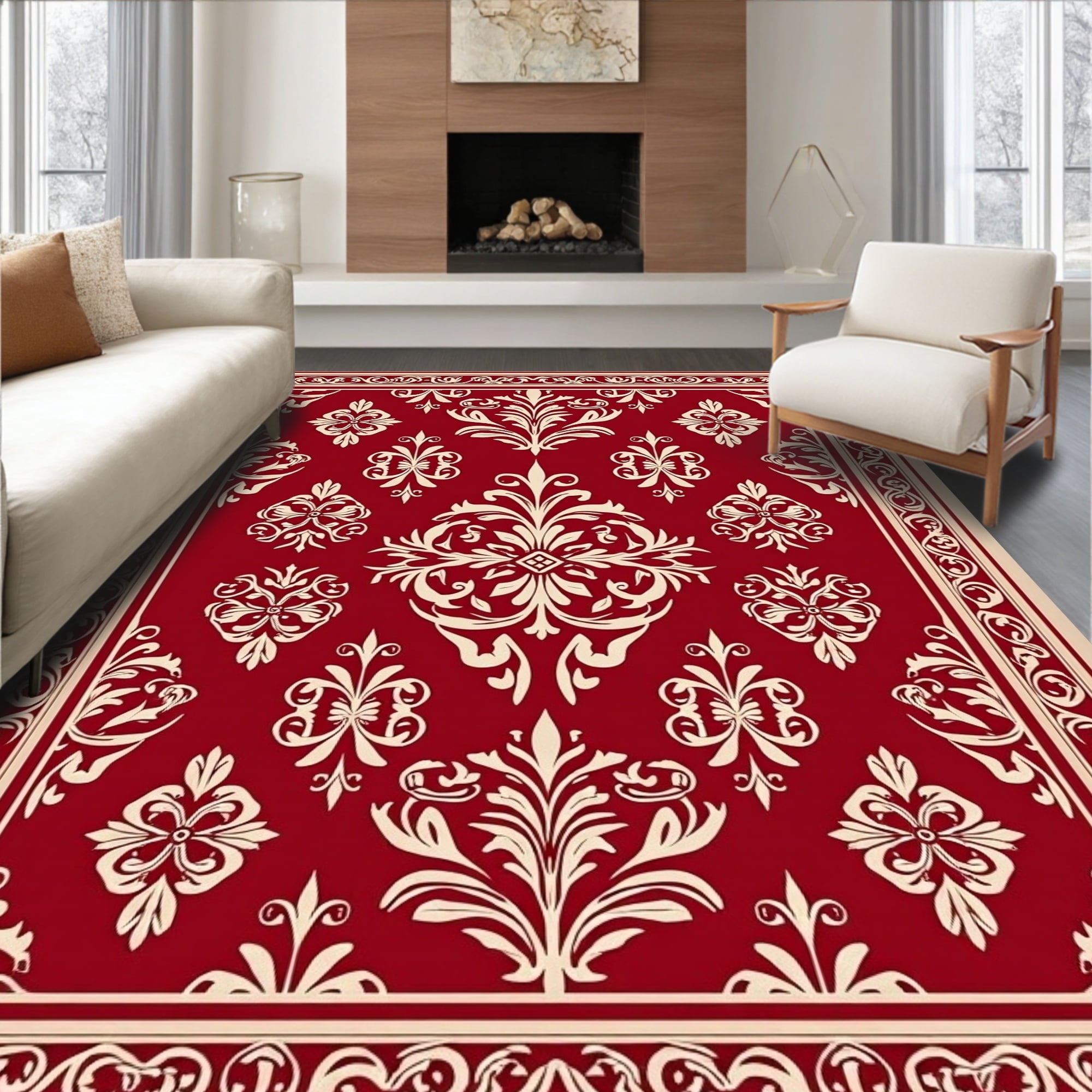 Flatwoven High Traffic Area Rug, Classic Damask Motif with Elegant ...