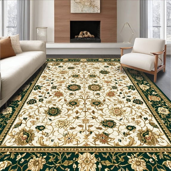 ODIKA 4'x6' Machine Washable Non-Slip Area Rug, Classic Elegant Leafy Symmetrical Design High Traffic Rug, Ivory, 31349